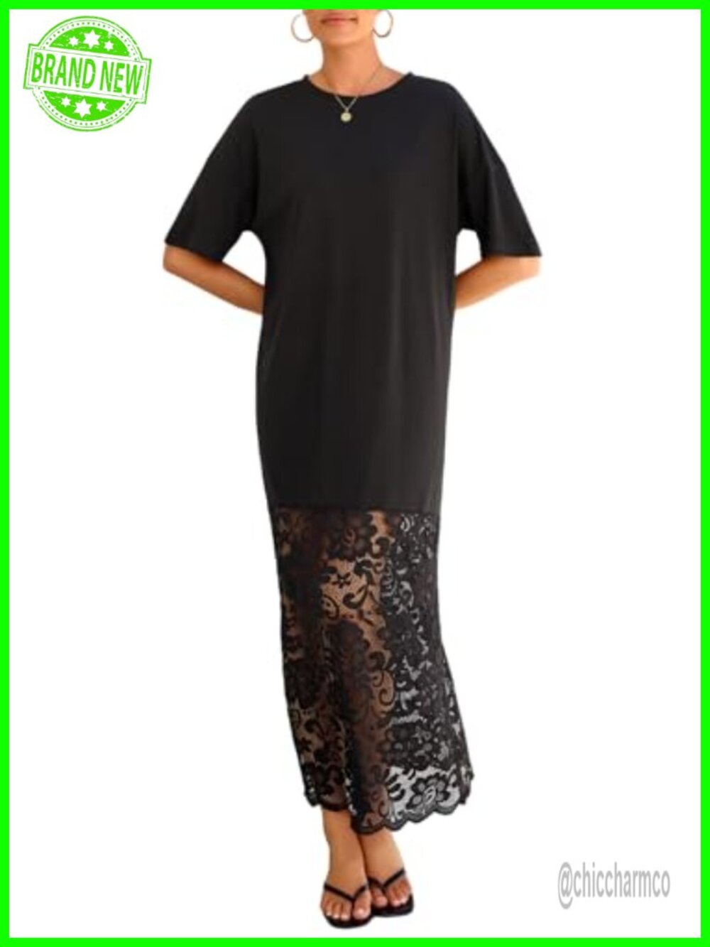 Short Sleeve Lace Patchwork Crew Neck Maxi Dress Summer Trendy Shift Dress